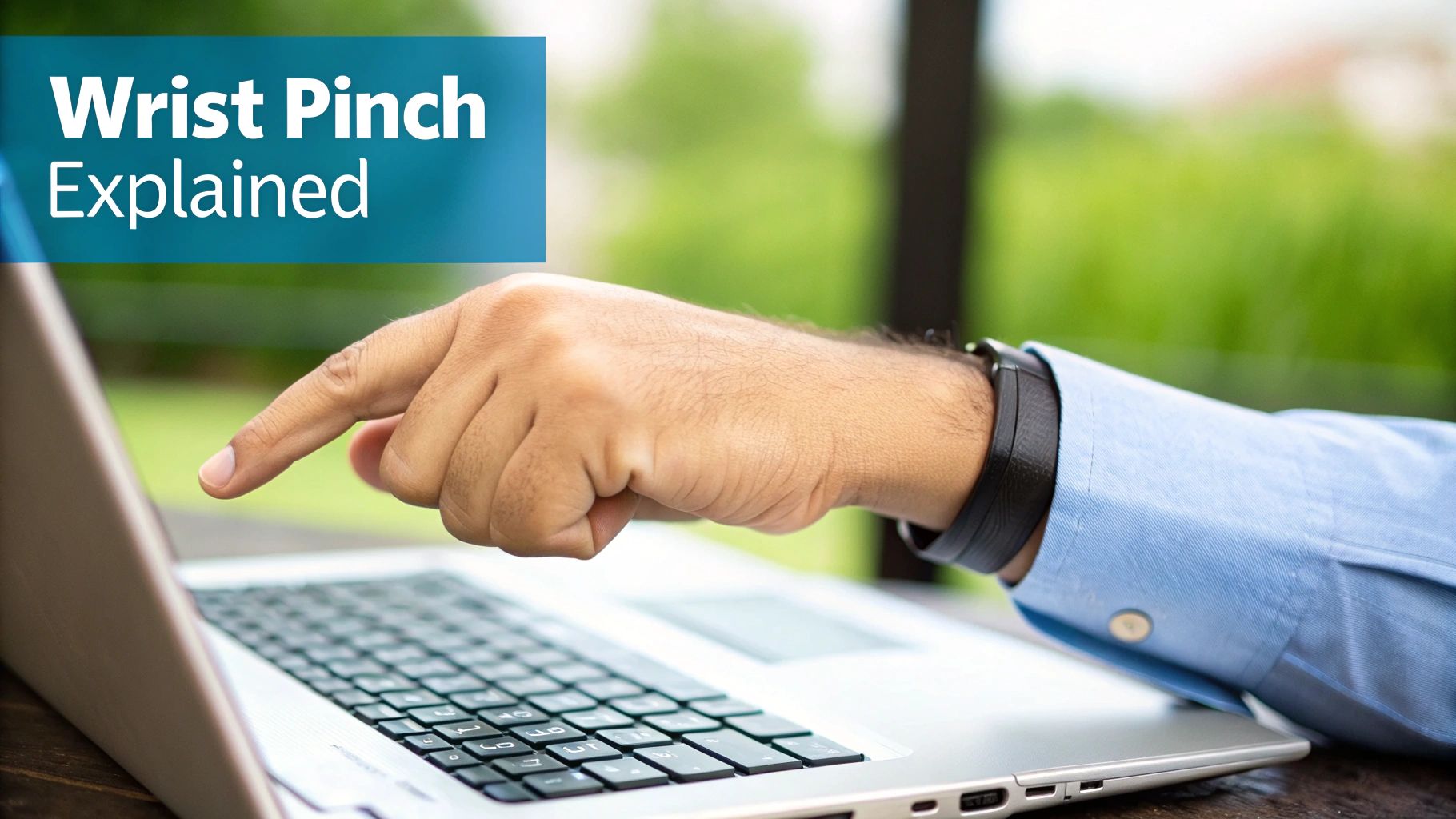 A person's hand points at a laptop keyboard, with a banner stating 'Wrist Pinch Explained' about wrist health.