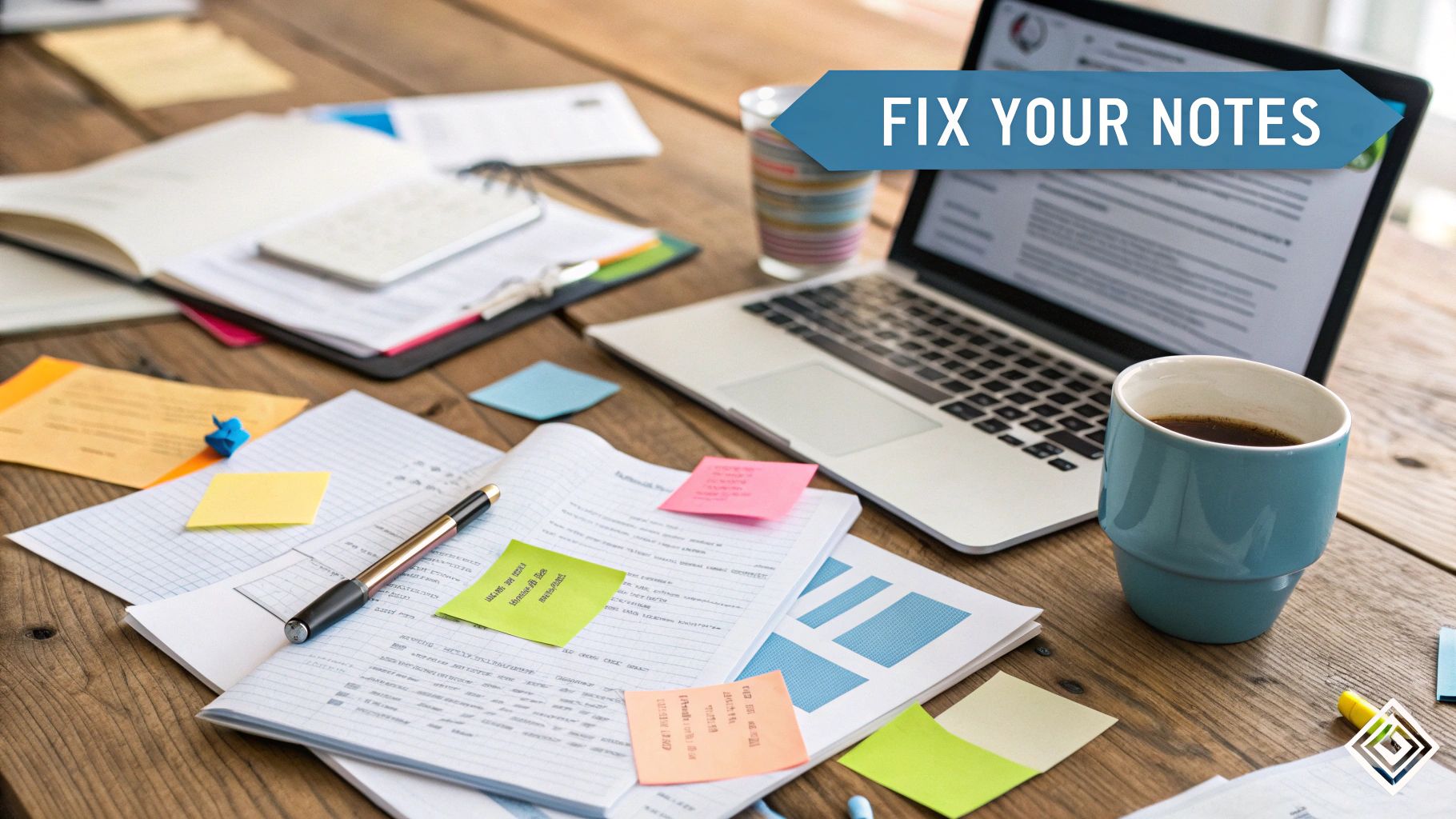 Cluttered wooden desk with laptop, coffee, notebooks, and colorful sticky notes. Banner reads 'FIX YOUR NOTES'.