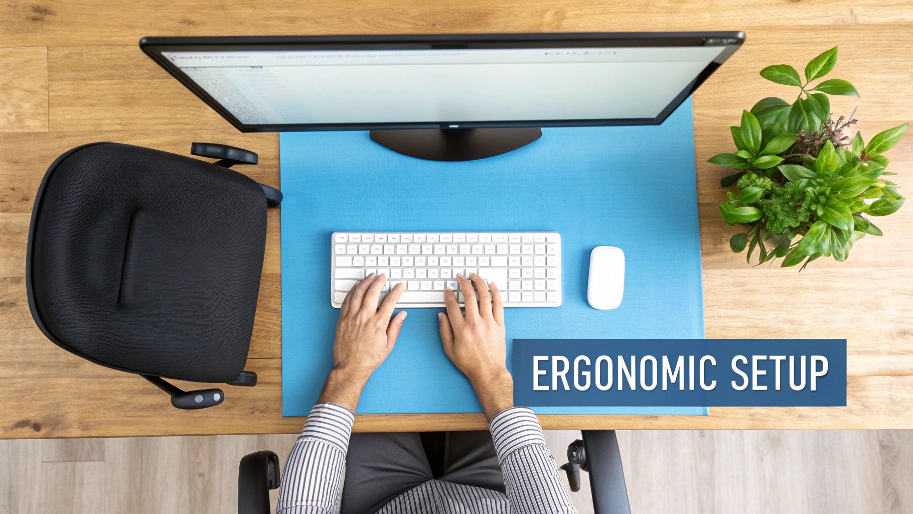 A person's hands positioned over a keyboard, focused on the home row keys, with the screen visible in the background.