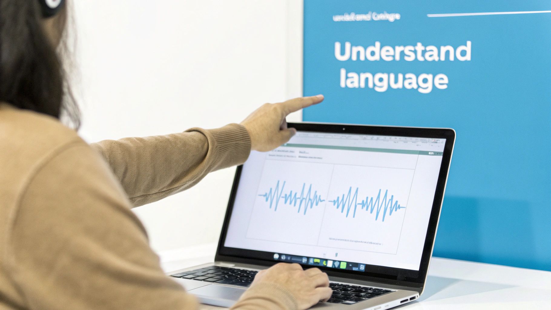 A person points at a laptop displaying sound waves, next to a sign reading "Understand language."