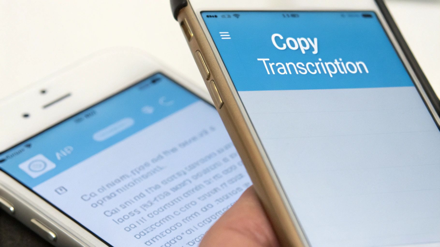 A person holds a golden iPhone displaying 'Copy Transcription' on its screen, with another phone showing text in the background.