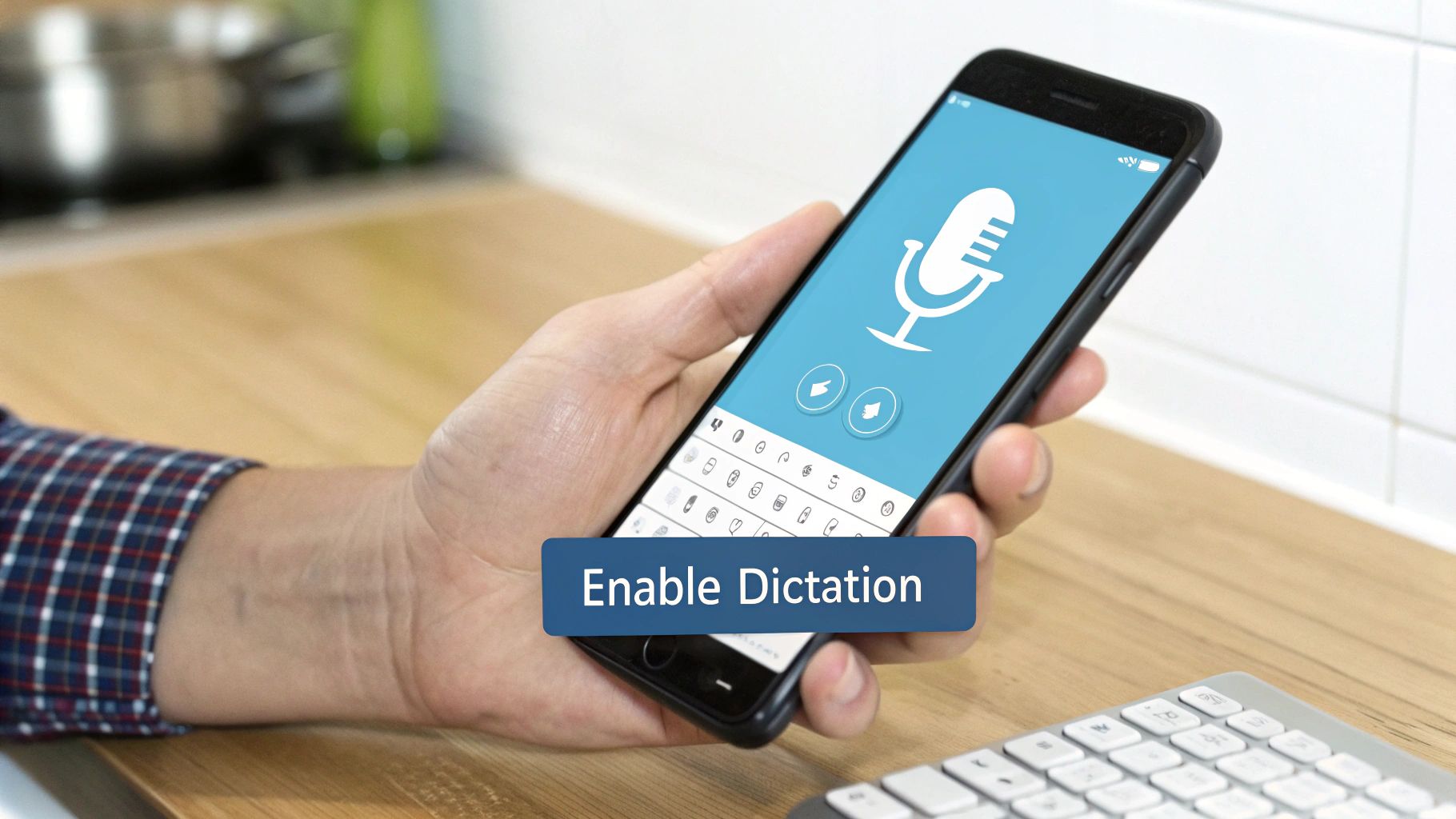 A hand holds a smartphone displaying a voice dictation app with a microphone icon and an "Enable Dictation" button.