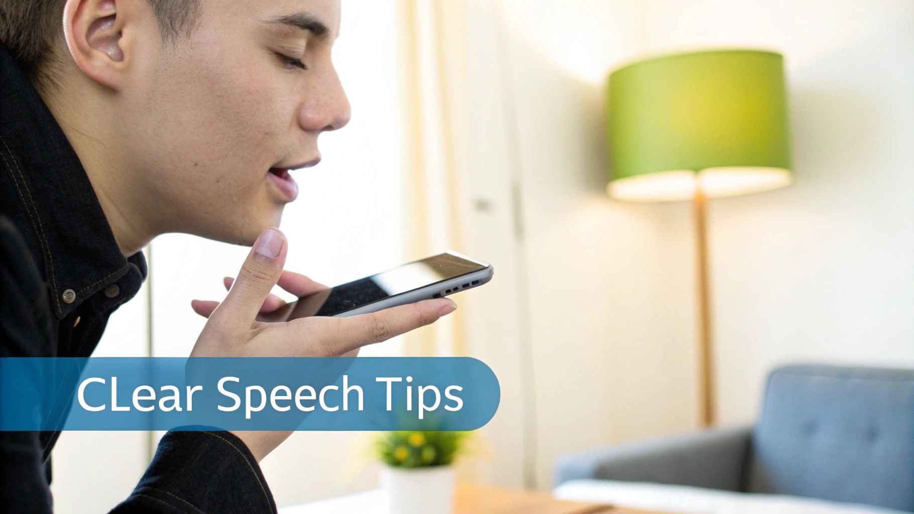 A person speaking clearly into their Android phone's microphone in a quiet room.