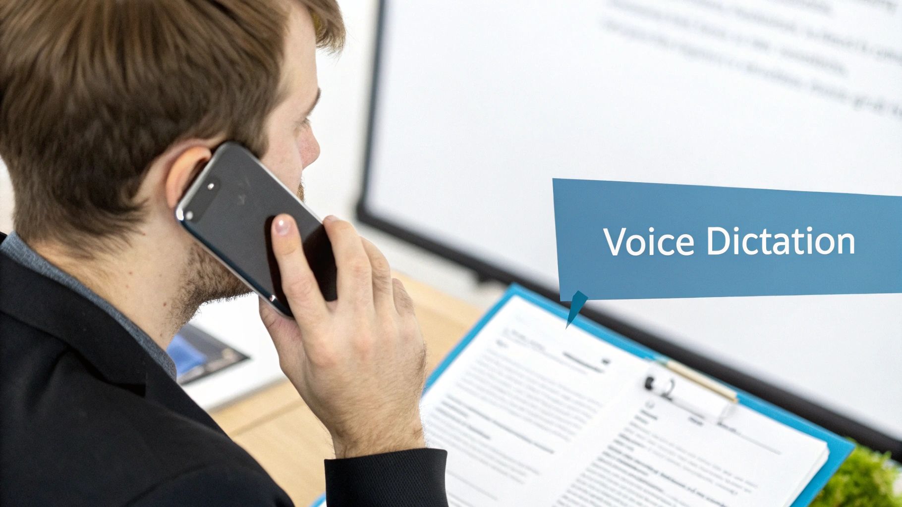 A man on a phone call using voice dictation while looking at documents, working efficiently.