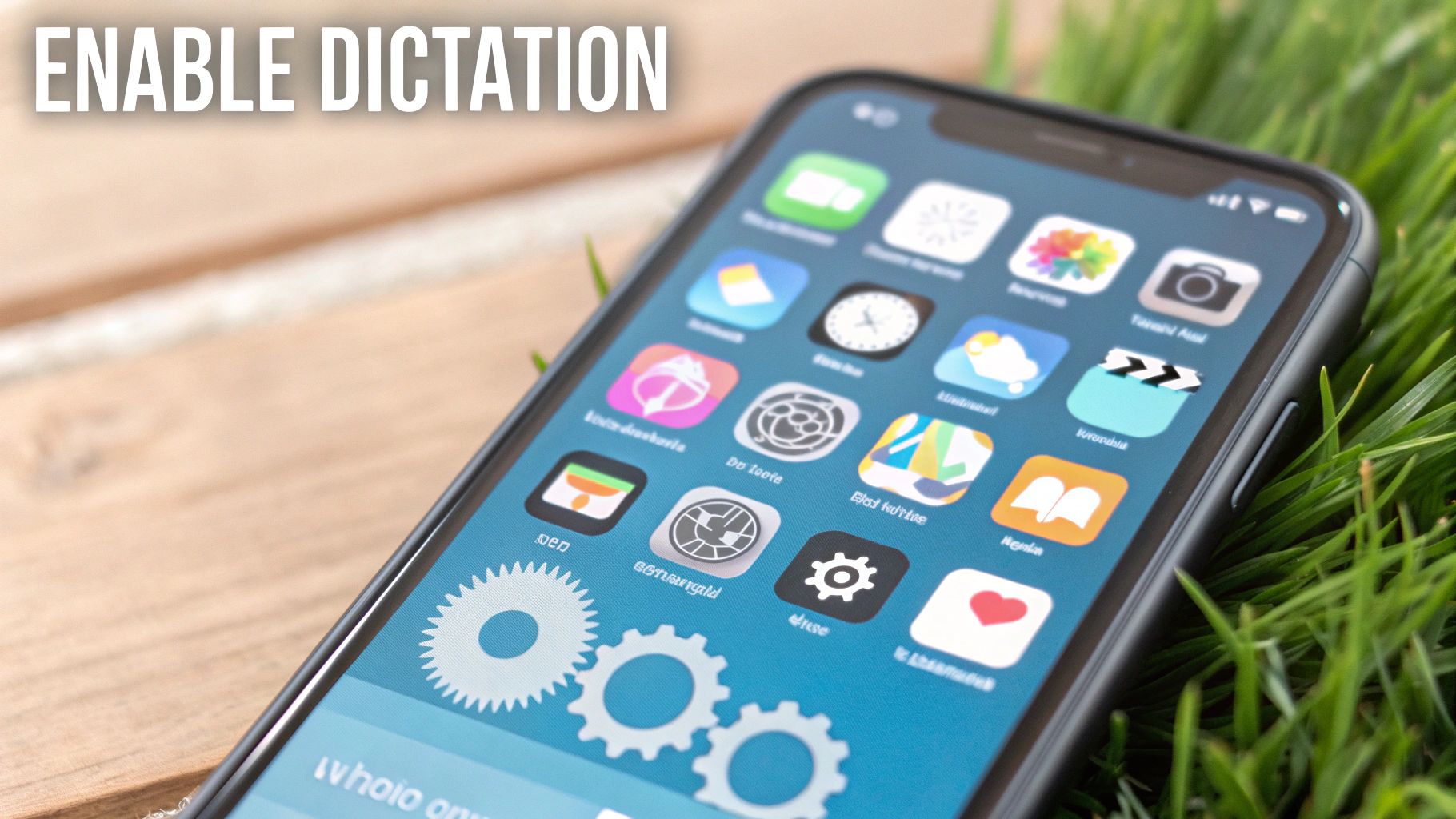 An iPhone displaying various app icons and 'ENABLE DICTATION' text, resting on grass and wood.