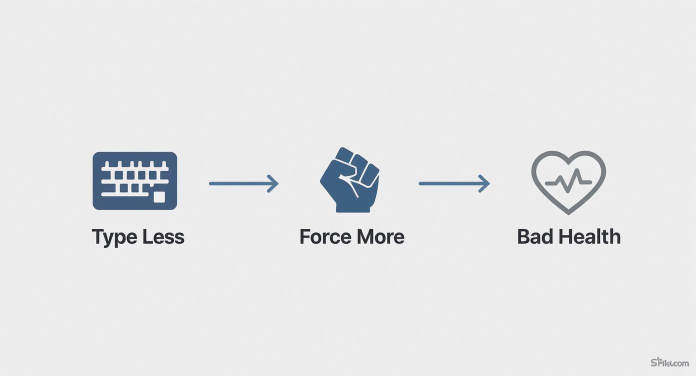 Diagram shows 'Type Less' leading to 'Force More,' then to 'Bad Health' with icons.
