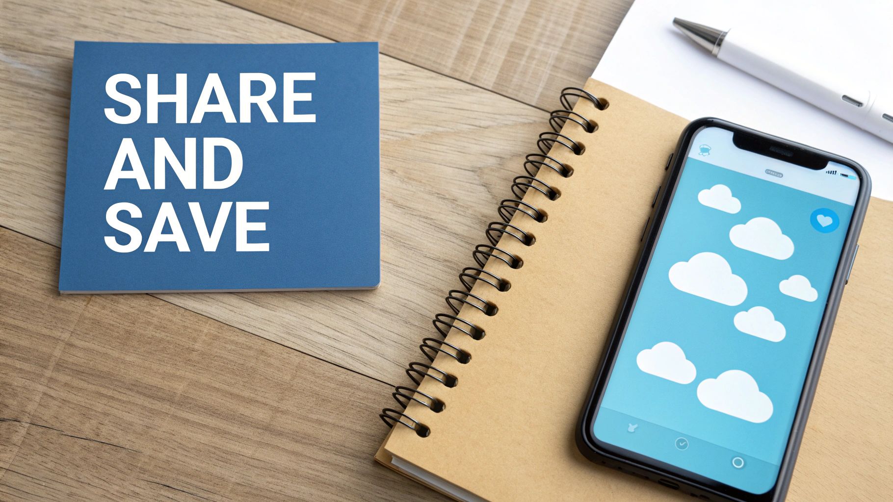 A blue notebook with 'SHARE AND SAVE' text, a smartphone showing cloud icons, and a pen on a wooden desk.