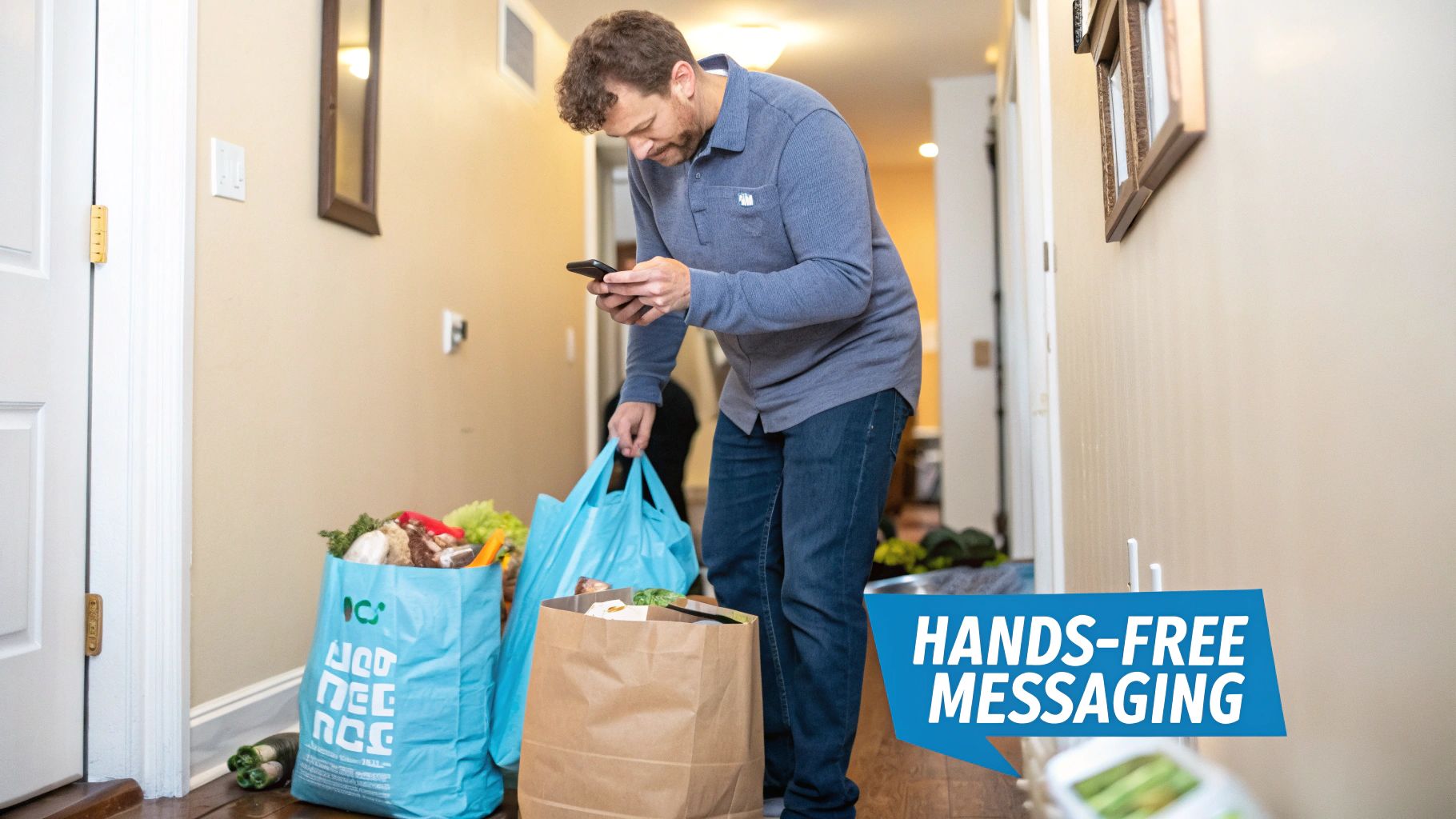 A person using their Android phone to send a voice to text message while sitting at a desk.
