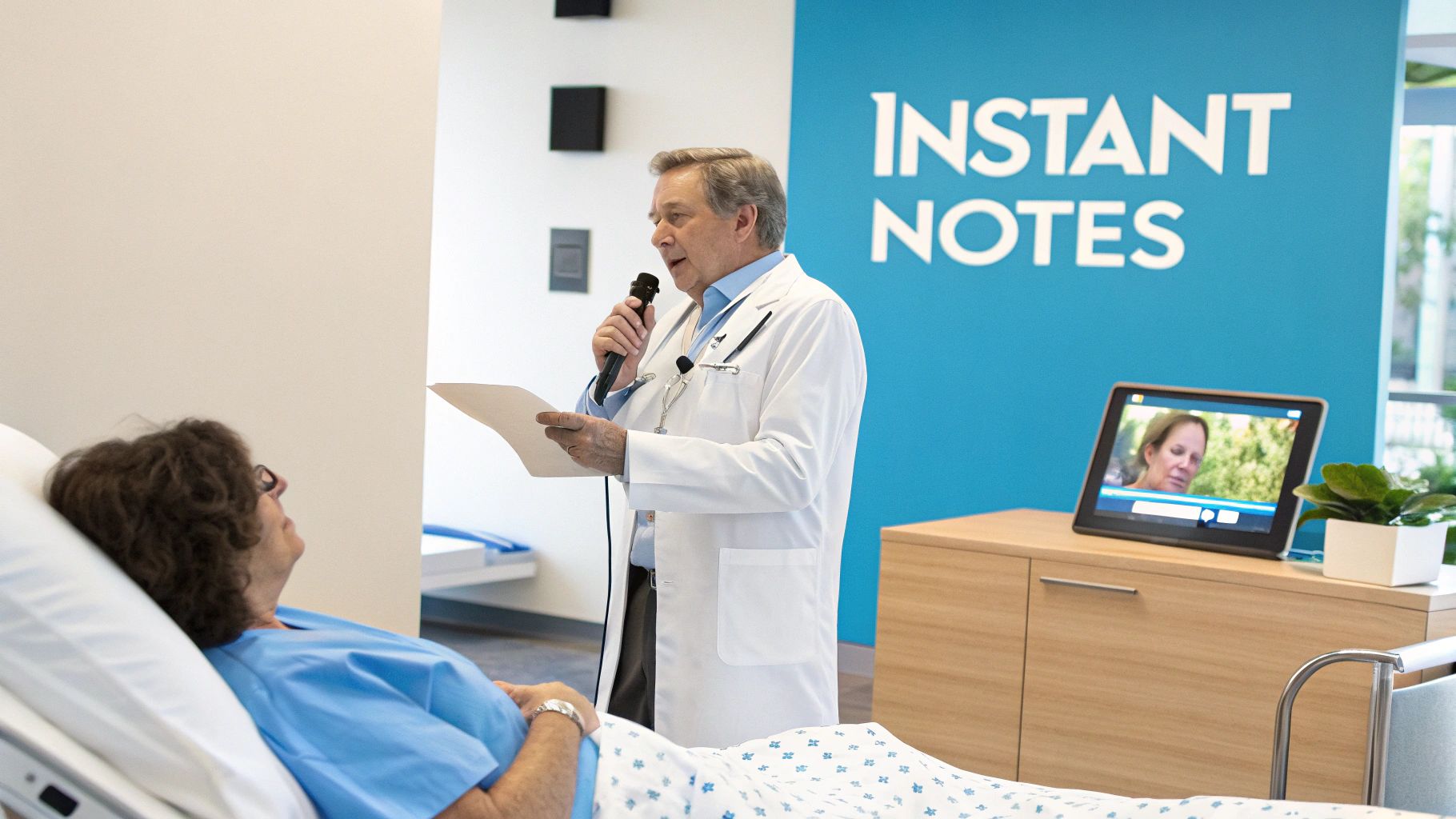 A doctor using a tablet with voice recognition software to update a patient's medical records.