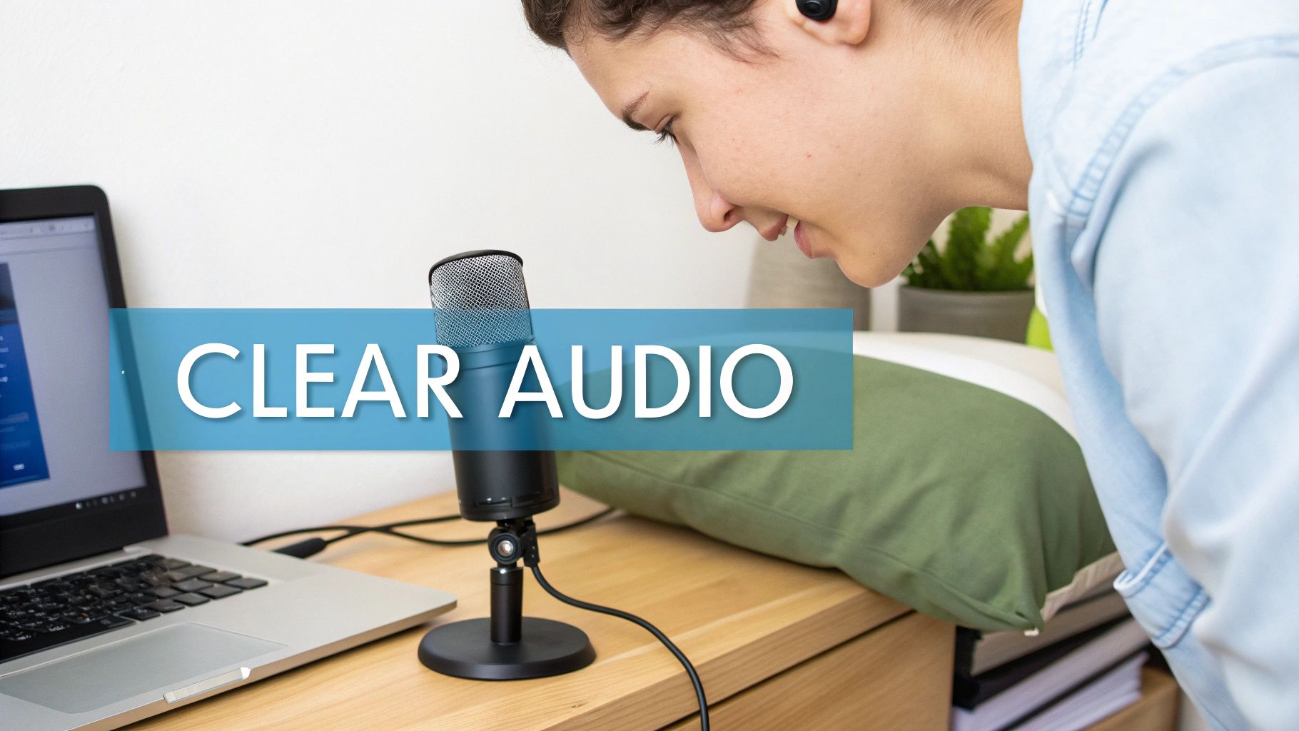 A person in a quiet room speaking clearly into their computer's microphone.