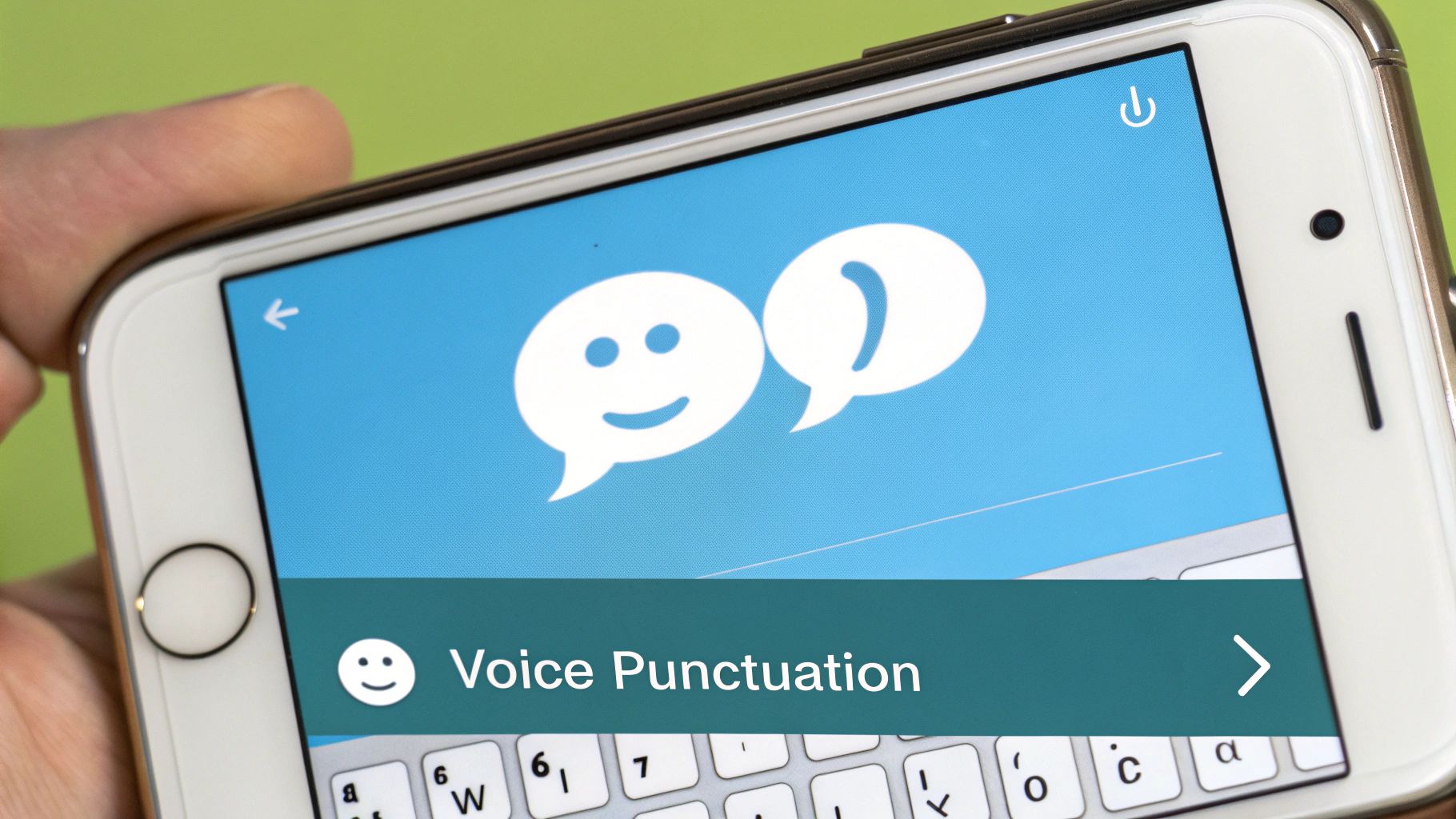 A person speaking into their iPhone to use voice text with command bubbles for punctuation around them.