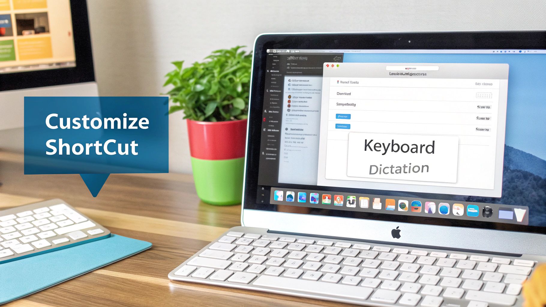 A Mac computer setup on a wooden desk, showing 'Keyboard Dictation' on screen and 'Customize Shortcut' text.