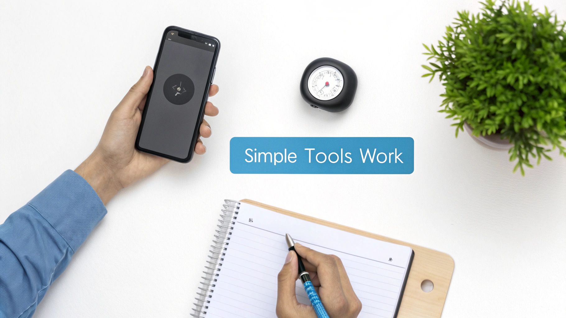 Flatlay: Hands use a smartphone and write in a notebook, next to a compass and plant, with 'Simple Tools Work' banner.