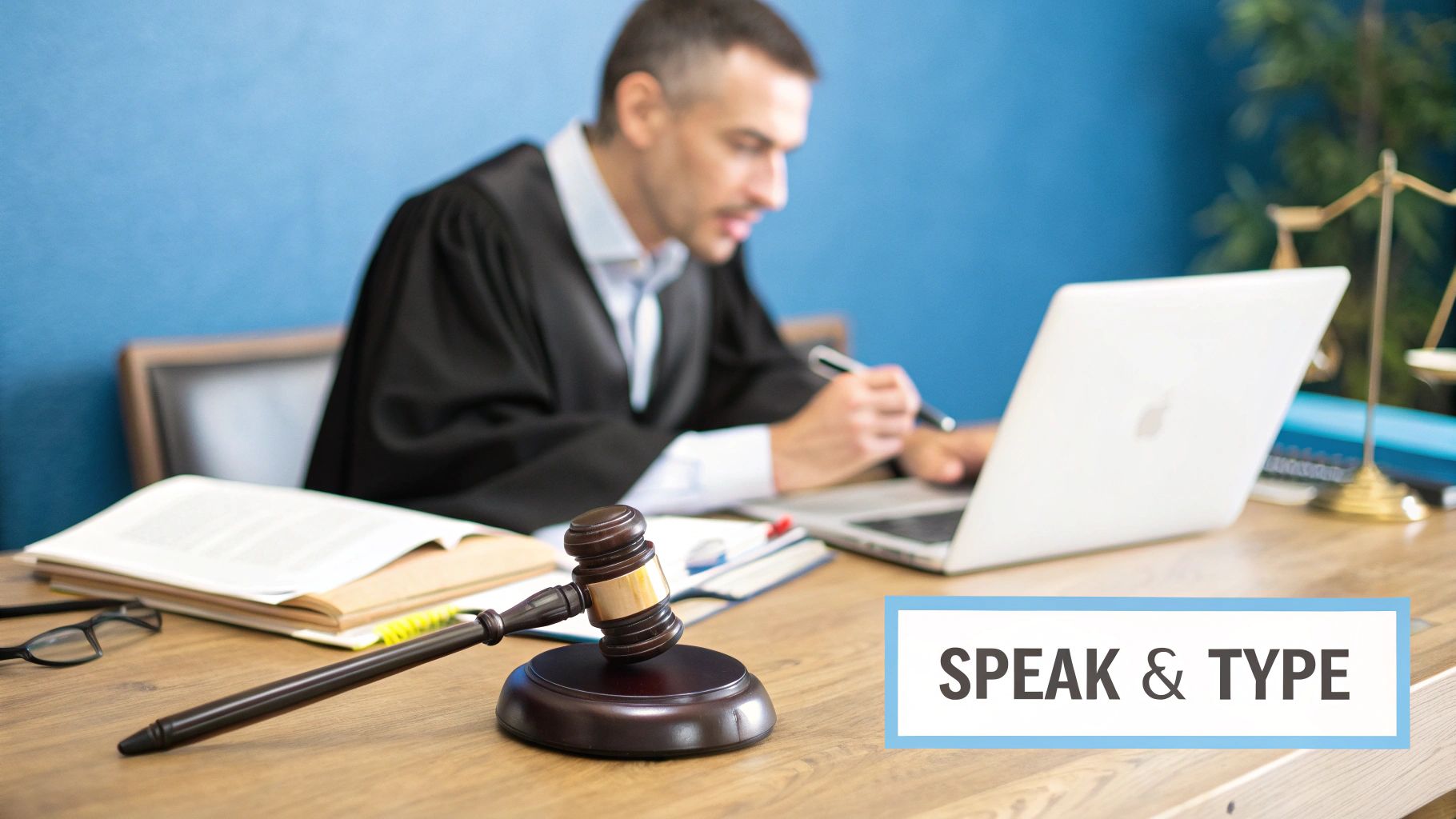 A lawyer dictating notes into a microphone at their desk, looking focused and efficient