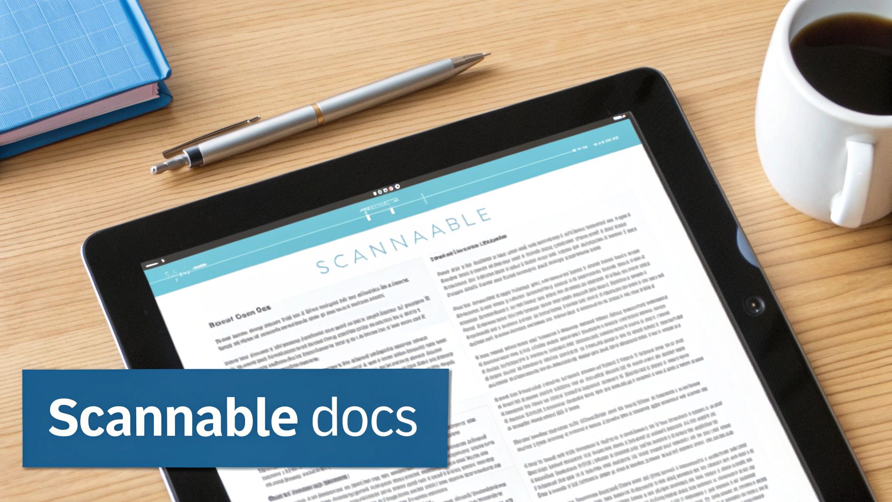 A tablet displaying a 'SCANNAABLE' document, a pen, a blue notebook, and coffee on a wooden desk.