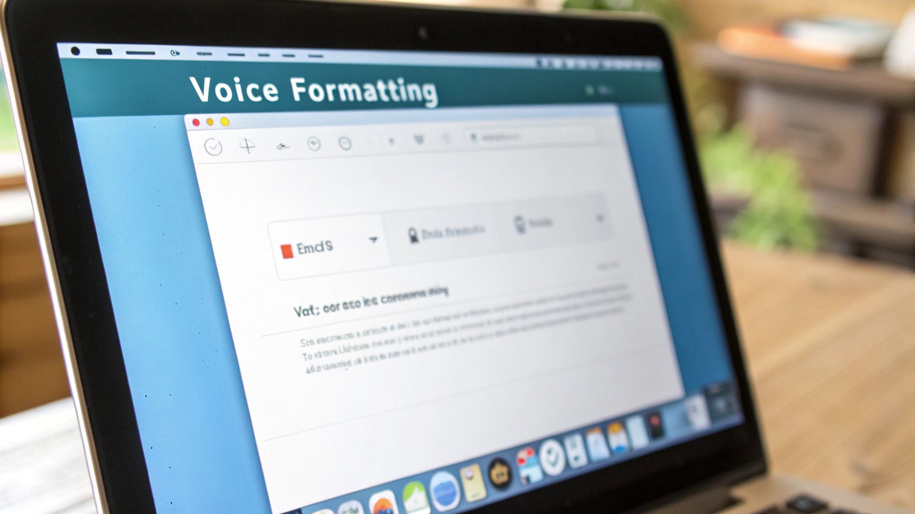 A person speaking into a Mac laptop, with text and punctuation appearing on the screen.