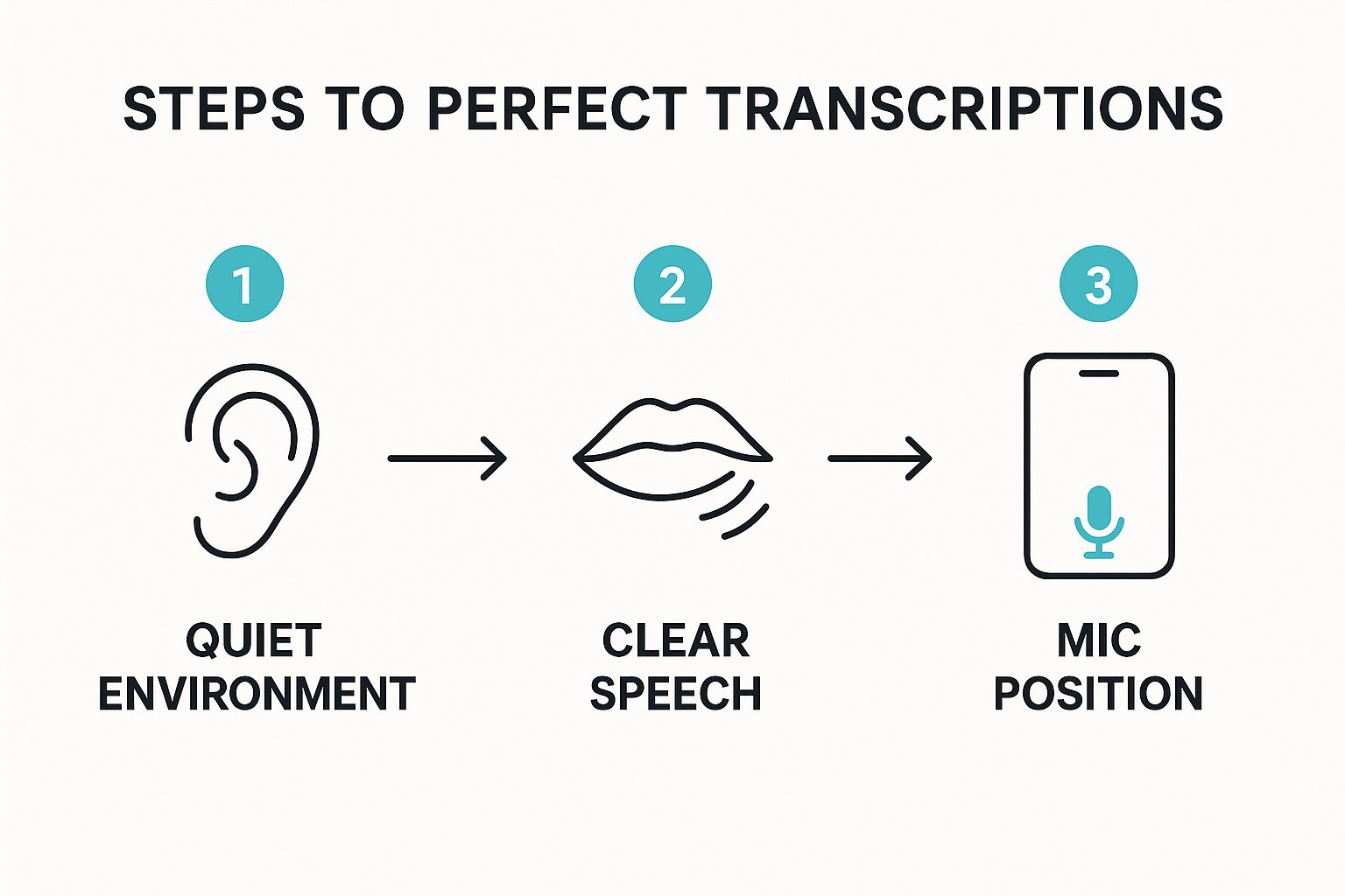 Infographic showing steps for perfect transcriptions: 1. Quiet Environment, 2. Clear Speech, 3. Mic Position.