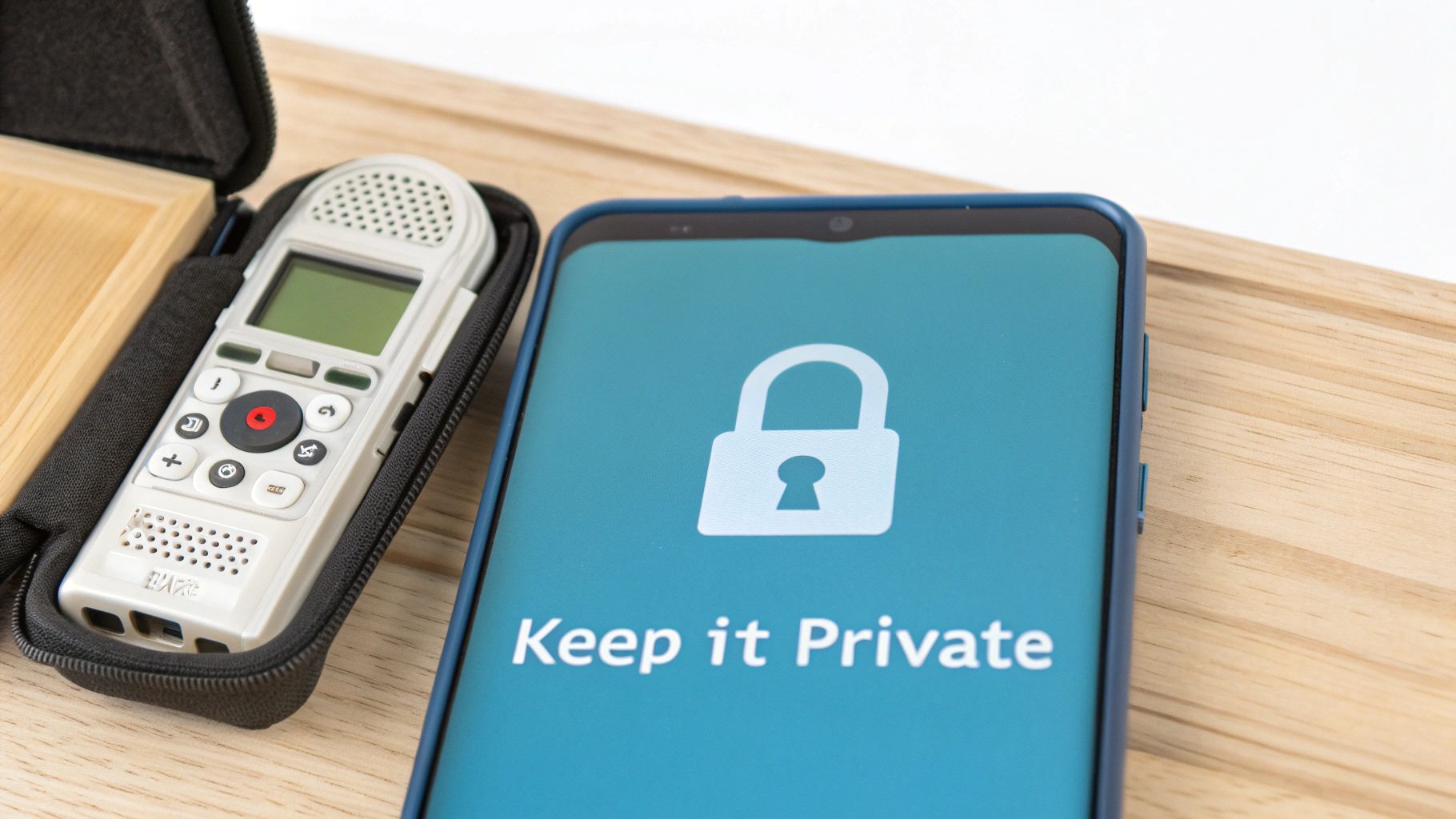 A portable voice recorder in a black case next to a smartphone displaying 'Keep it Private' and a padlock icon.