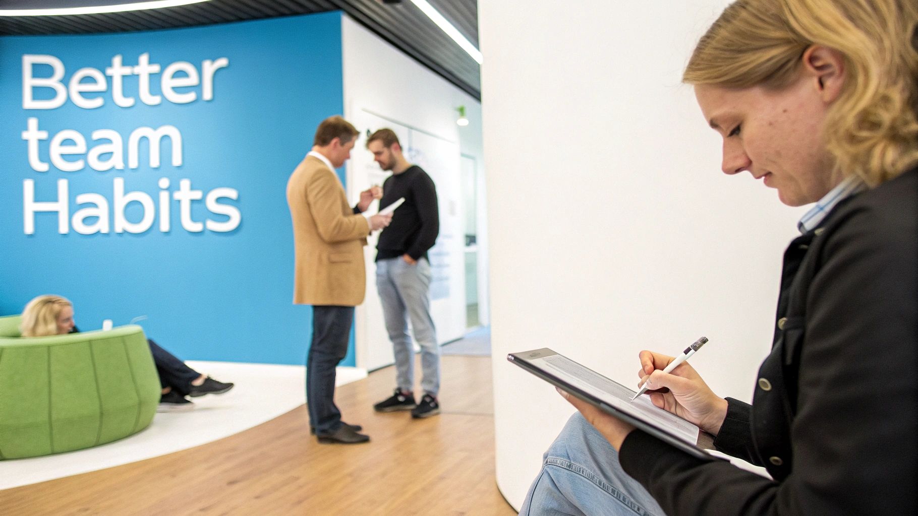 Woman writing on a tablet in a modern office, while colleagues discuss papers in the background.