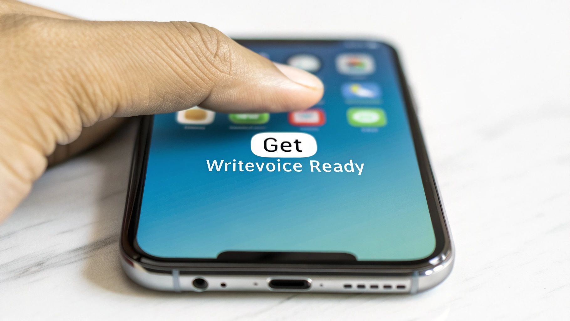 A finger taps a smartphone screen displaying 'Get Writevoice Ready' on a blue background.