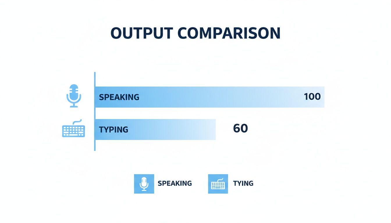 Bar chart comparing speaking (100) and typing (60) output, showing speaking is faster.