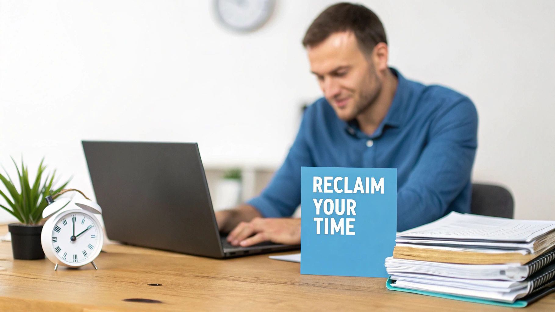Man using a laptop at a neat desk, next to a 'RECLAIM YOUR TIME' sign and an alarm clock.