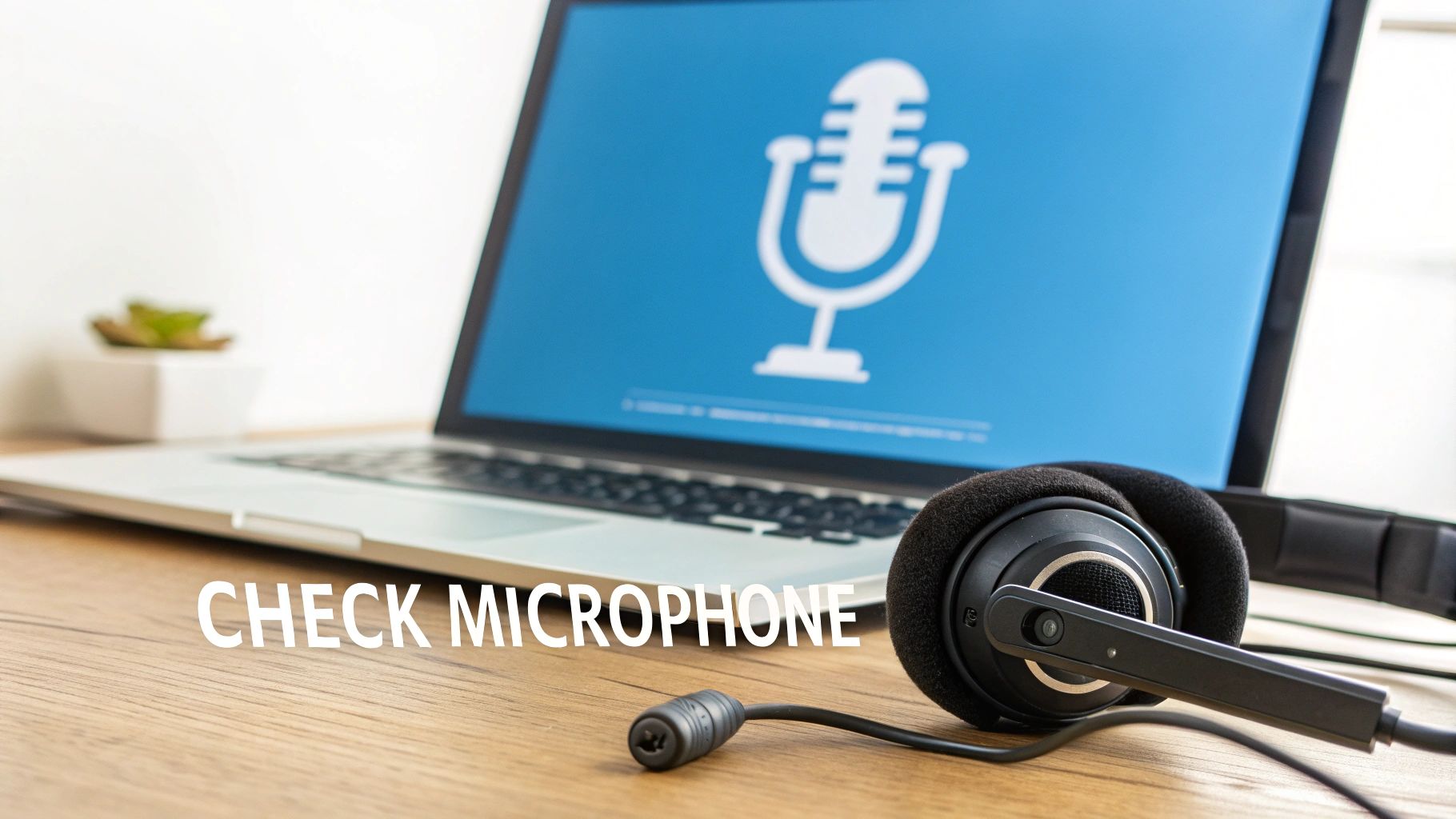 A laptop displaying a microphone icon, with a headset on a wooden desk and 'CHECK MICROPHONE' text.
