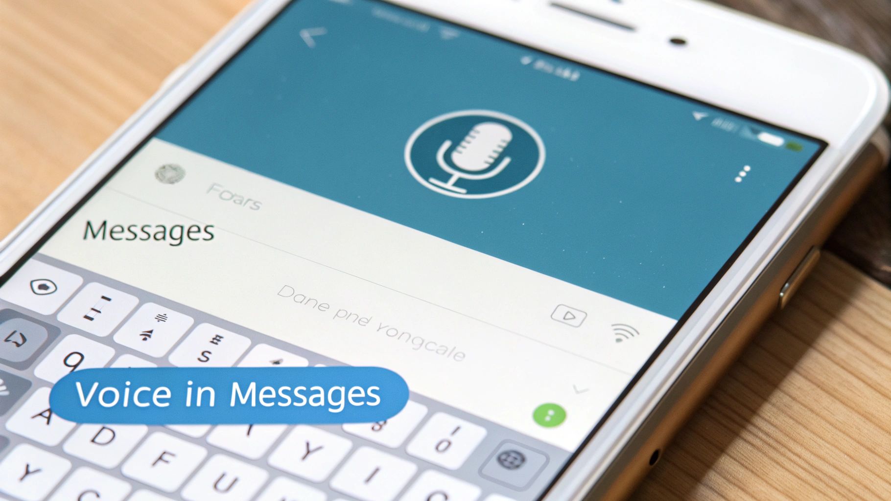 A person using their iPhone to voice to text in a messaging app, showing the keyboard and microphone icon.