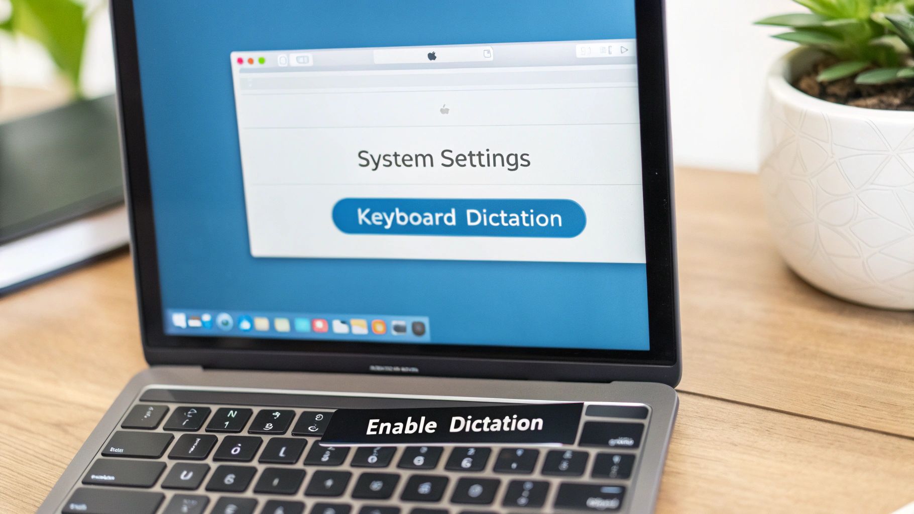 Close-up of a MacBook screen displaying keyboard dictation settings and Touch Bar "Enable Dictation".