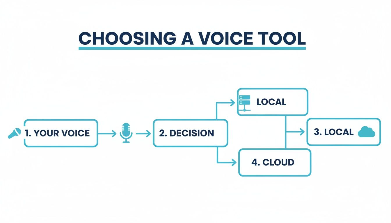 Flowchart illustrating the process of choosing a voice tool, distinguishing between local and cloud options.