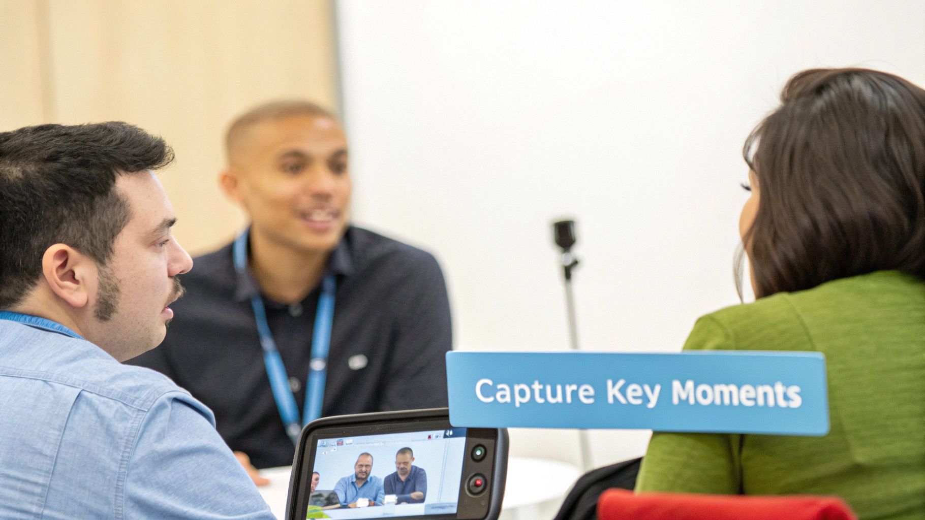 Three individuals at a meeting, one observing a video conference on a tablet, with a 'Capture Key Moments' sign visible.