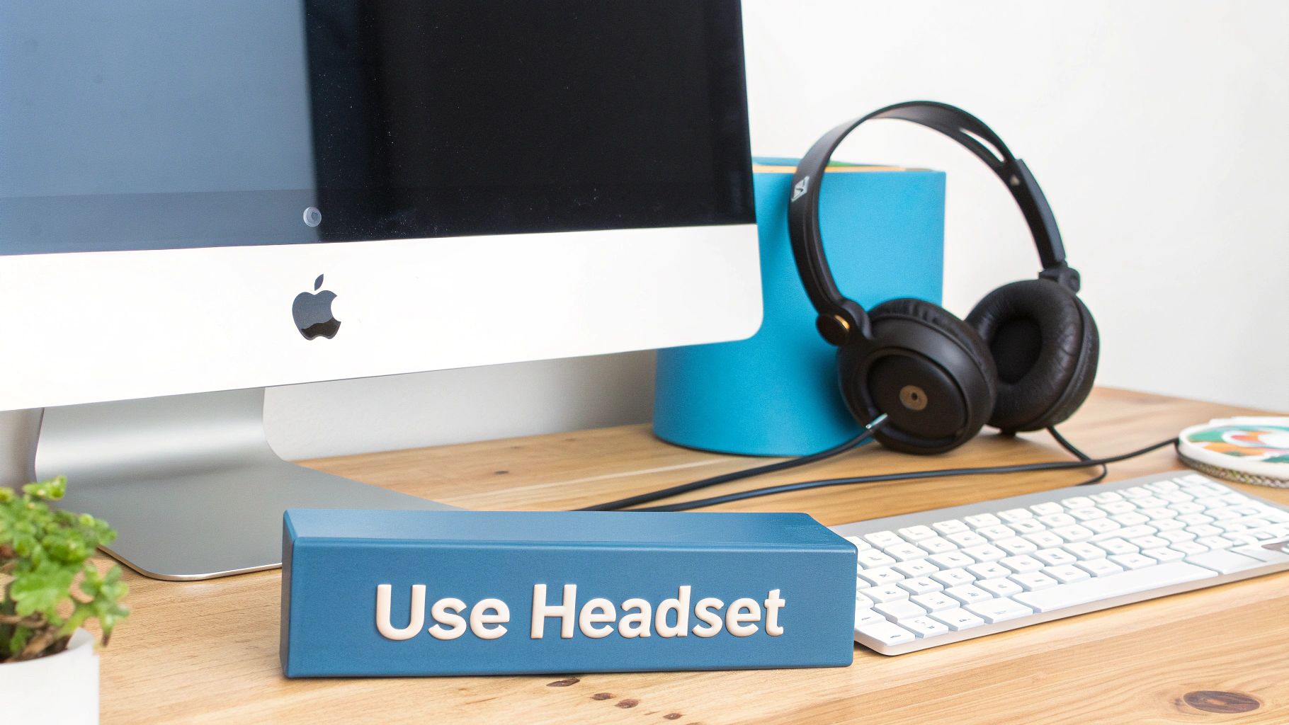 A person wearing a headset and smiling while using a Mac laptop.