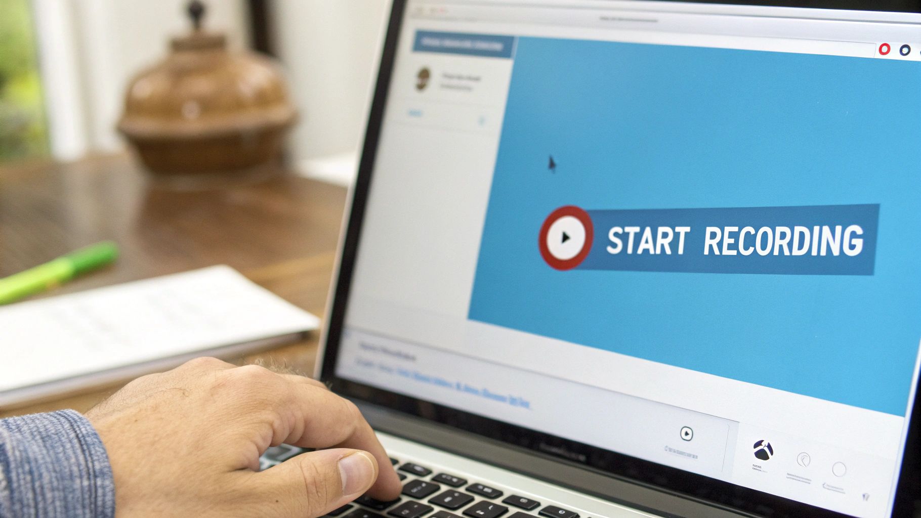 A person speaking into a laptop, which is converting their speech to text on the screen.