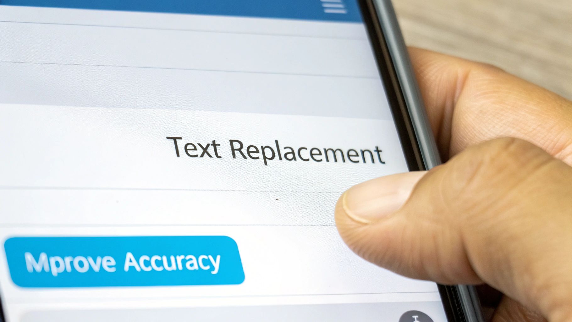 A hand interacts with a smartphone screen displaying 'Text Replacement' settings and an 'Mprove Accuracy' button.