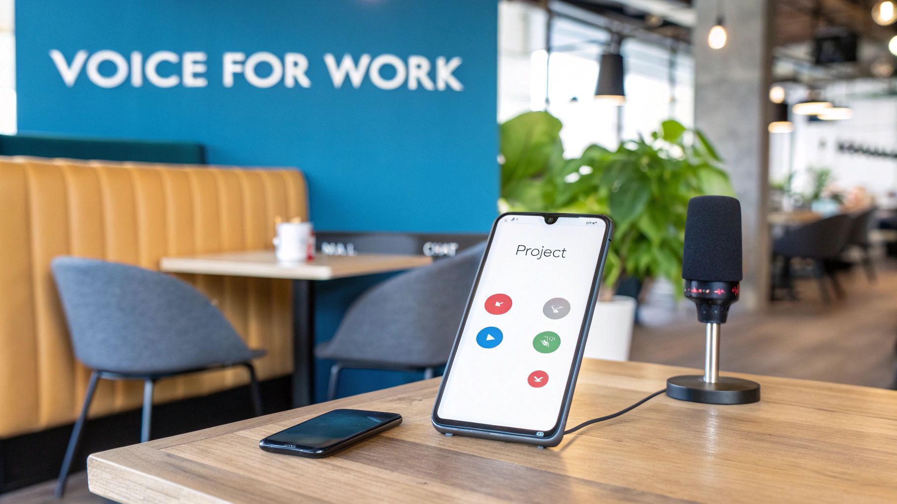 Smartphone displaying a 'Project' app for voice control, with a microphone and 'VOICE FOR WORK' sign.