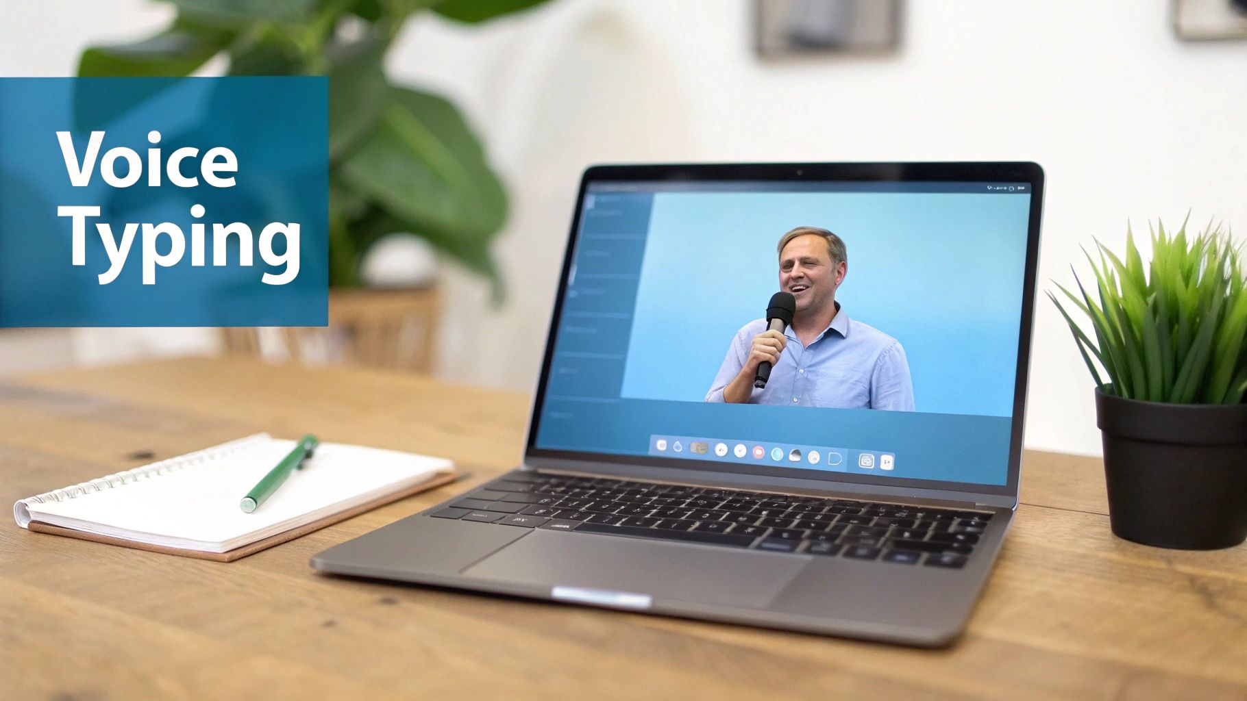 A laptop on a wooden desk displays a man speaking into a microphone with 'Voice Typing' overlay.
