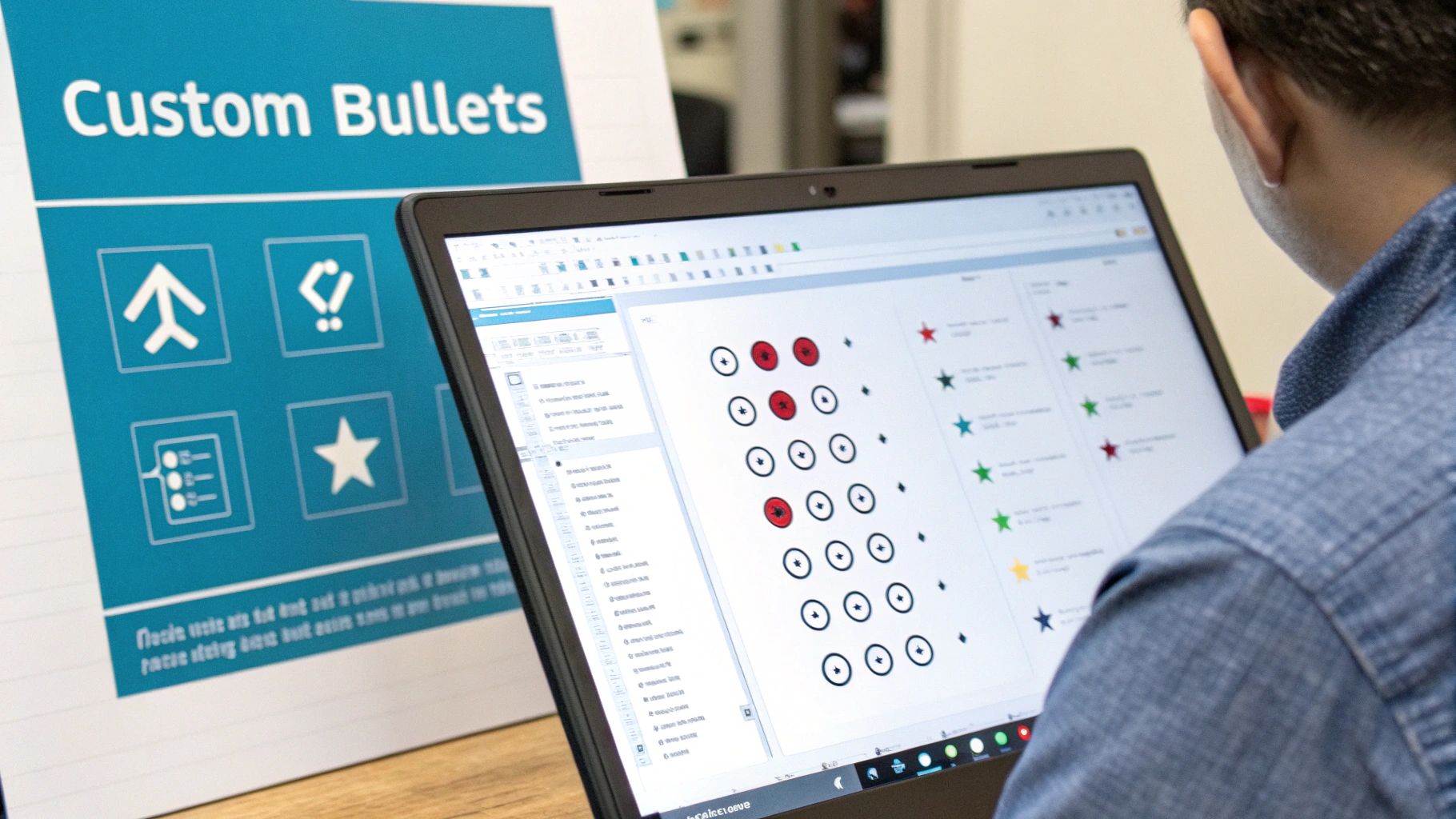 A person views a laptop screen displaying various custom bullet points, including red circles and colored stars.
