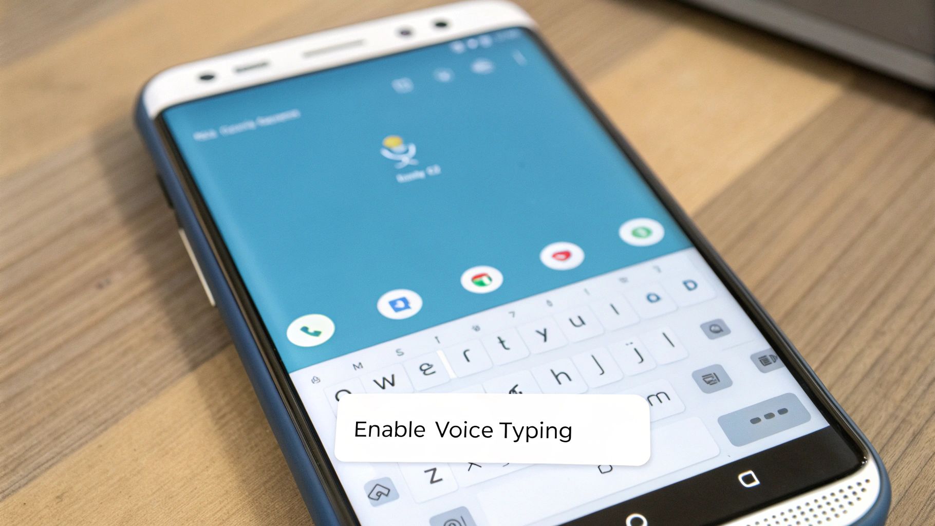 Close-up of an Android smartphone displaying the Gboard keyboard and an 'Enable Voice Typing' pop-up.