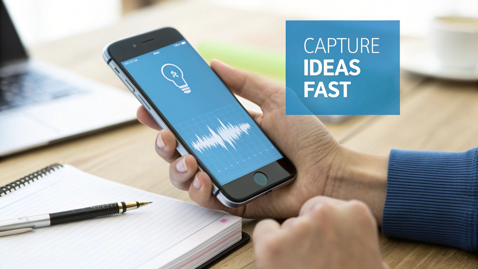 A person speaking into their smartphone to record a voice memo, with a laptop in the background showing the transcribed text.