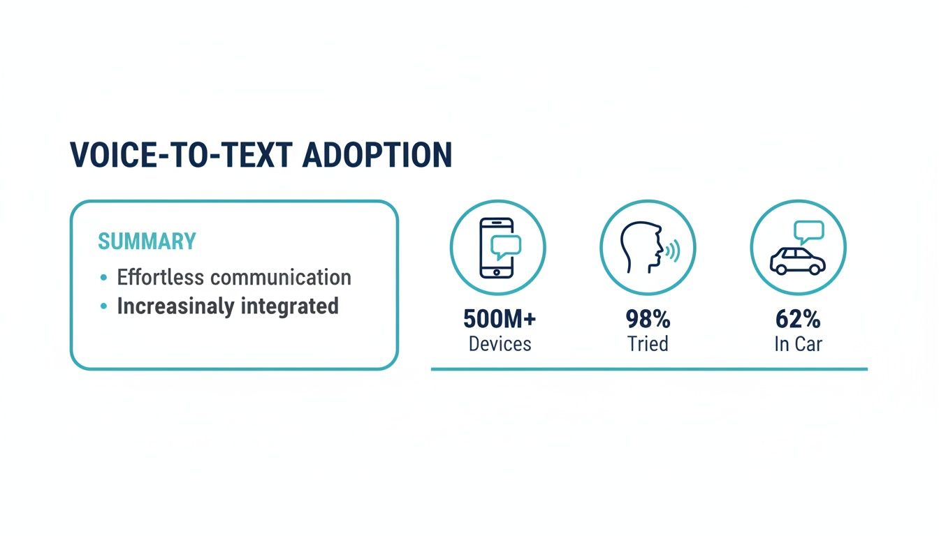 Voice-to-text adoption statistics showing usage across 500M+ devices, 98% tried, and 62% in car.