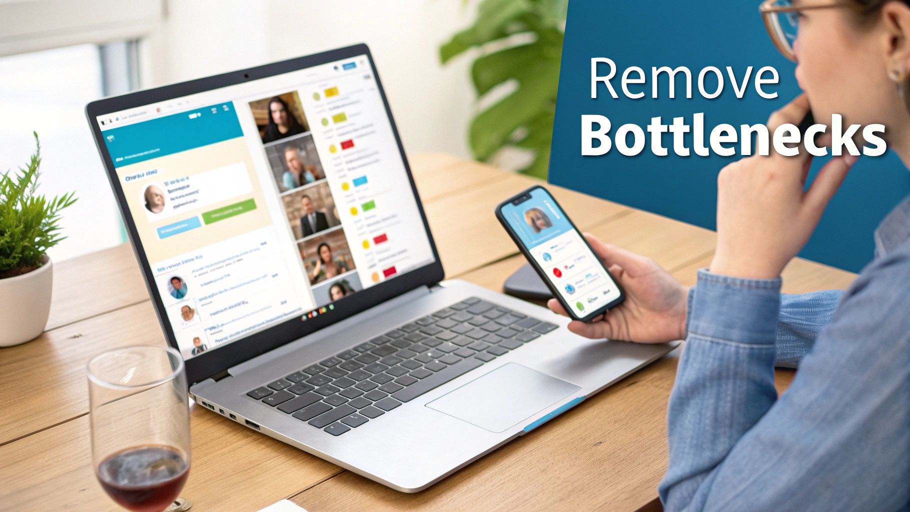 A person efficiently manages tasks on a laptop and smartphone, eliminating bottlenecks.