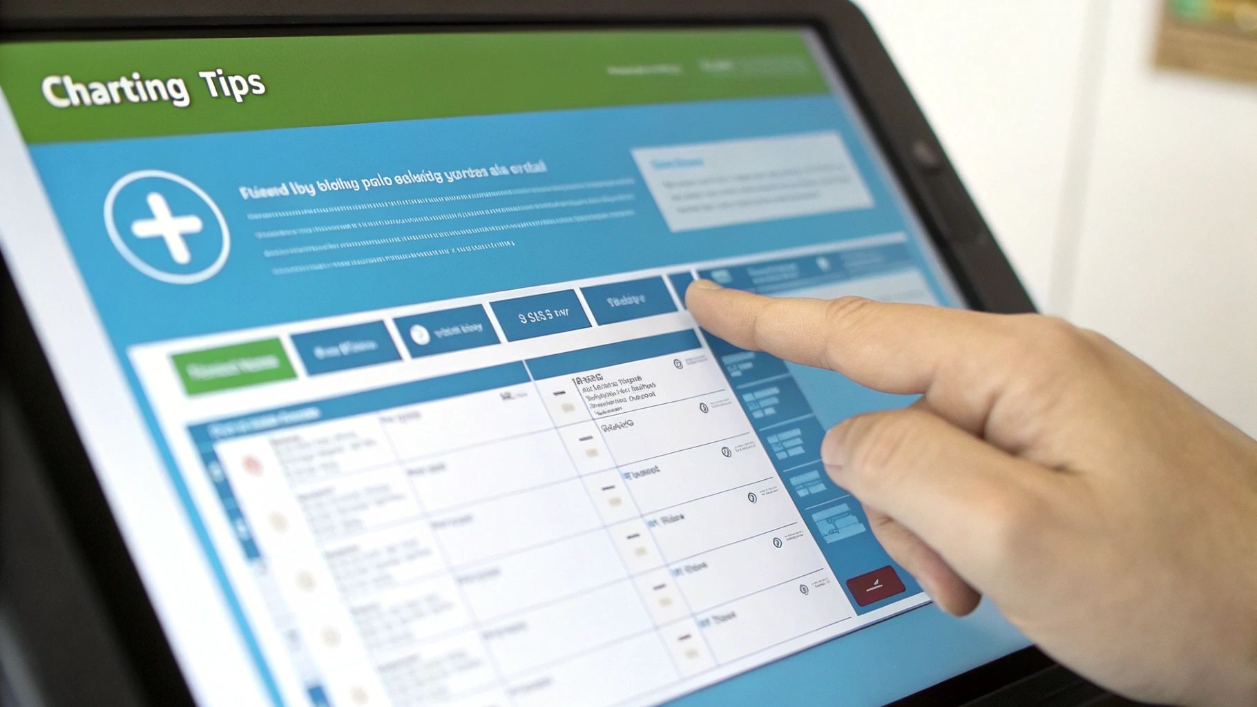 A healthcare professional efficiently charting on a laptop in a bright, modern clinic.