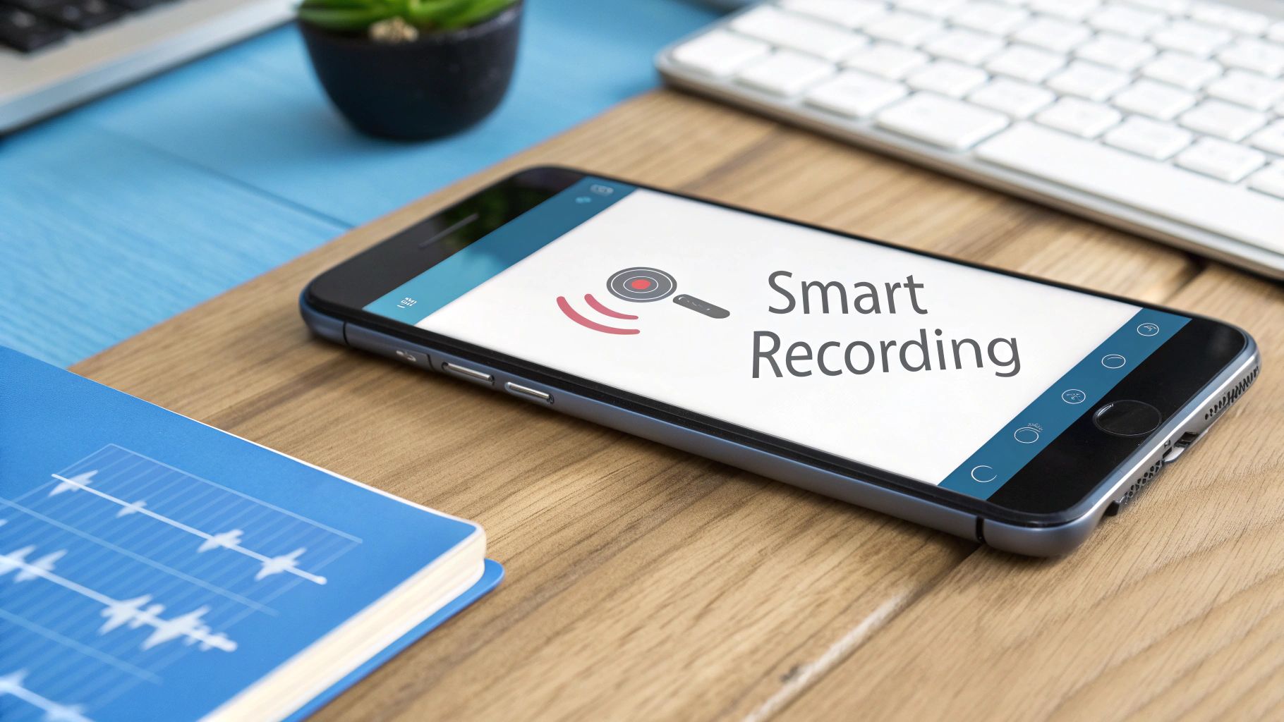 Smartphone displaying a 'Smart Recording' app icon on a wooden desk with a blue notebook.