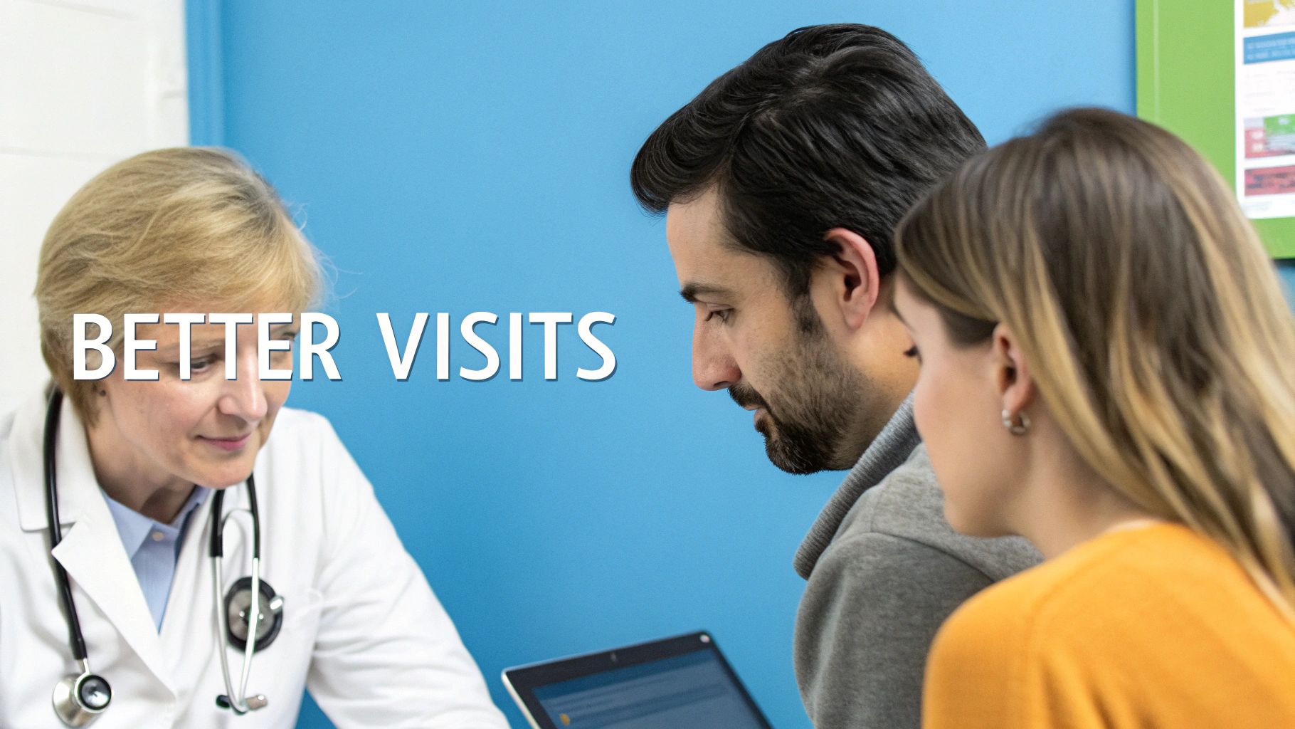 A doctor maintains eye contact with a patient while voice recognition software works in the background.