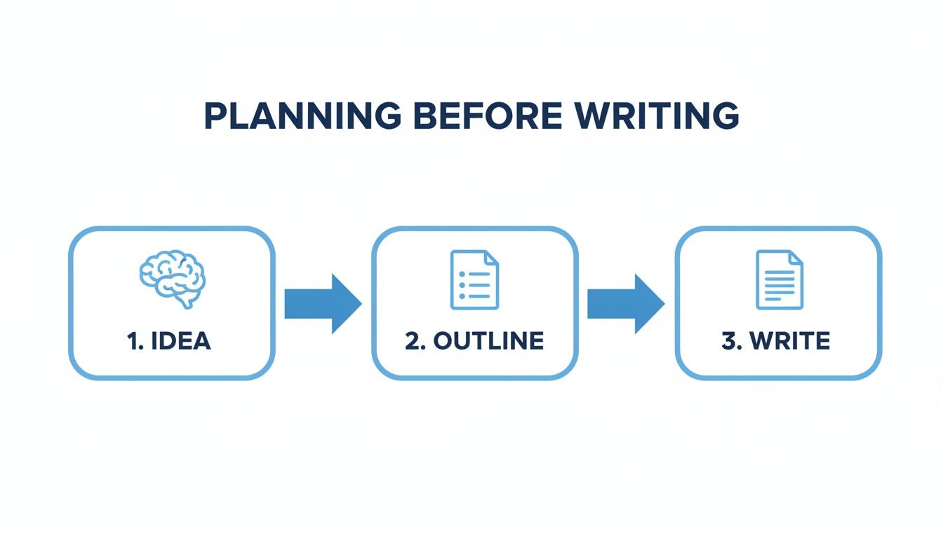 A clear flowchart illustrating the three essential steps for planning before writing: idea, outline, and write.