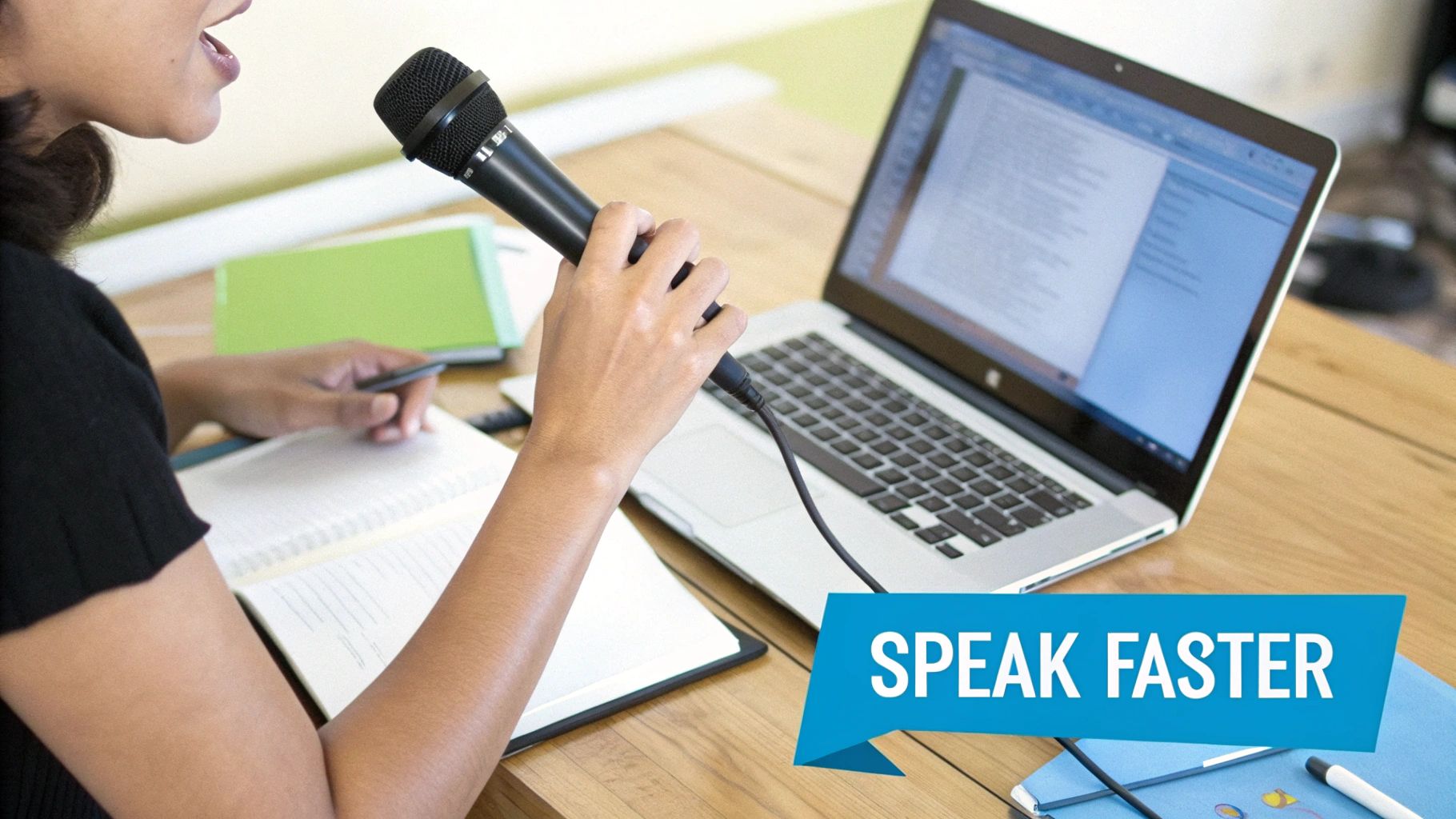 Person speaking into a microphone at a desk with a laptop and open notebook, likely for speech recognition or transcription.