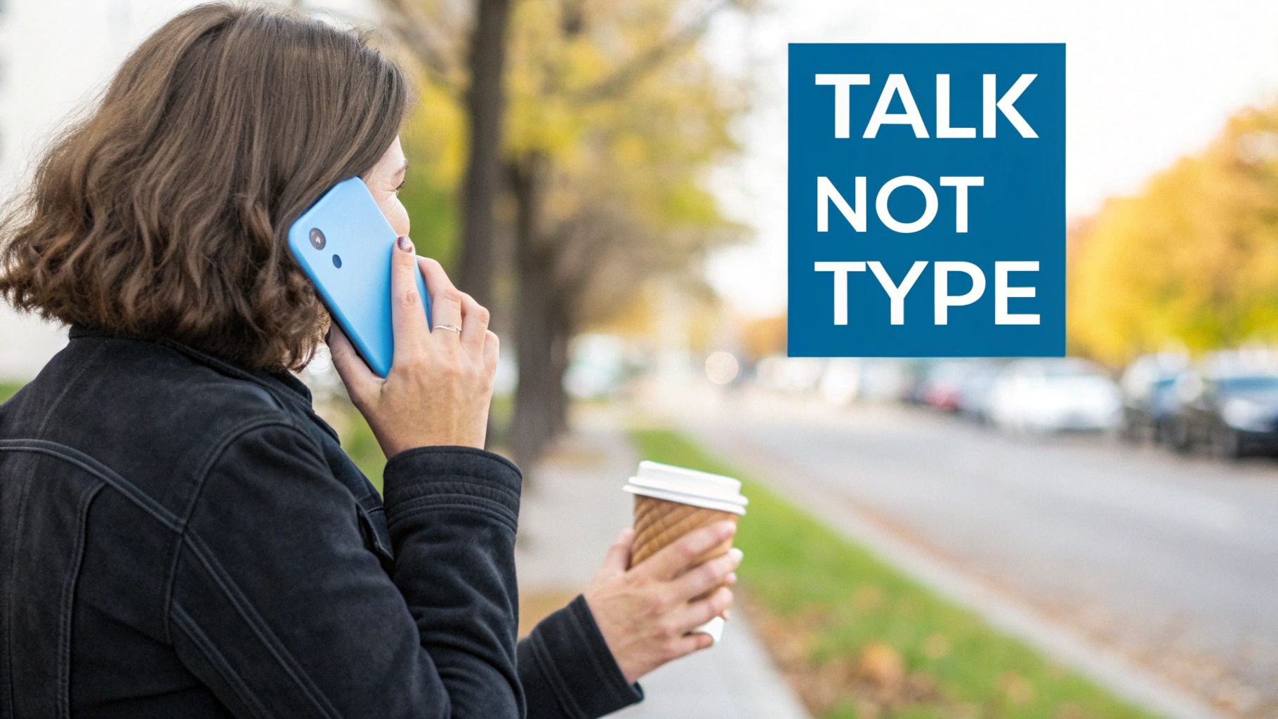 A person talks on a blue smartphone while holding a coffee cup, with a 'TALK NOT TYPE' overlay.