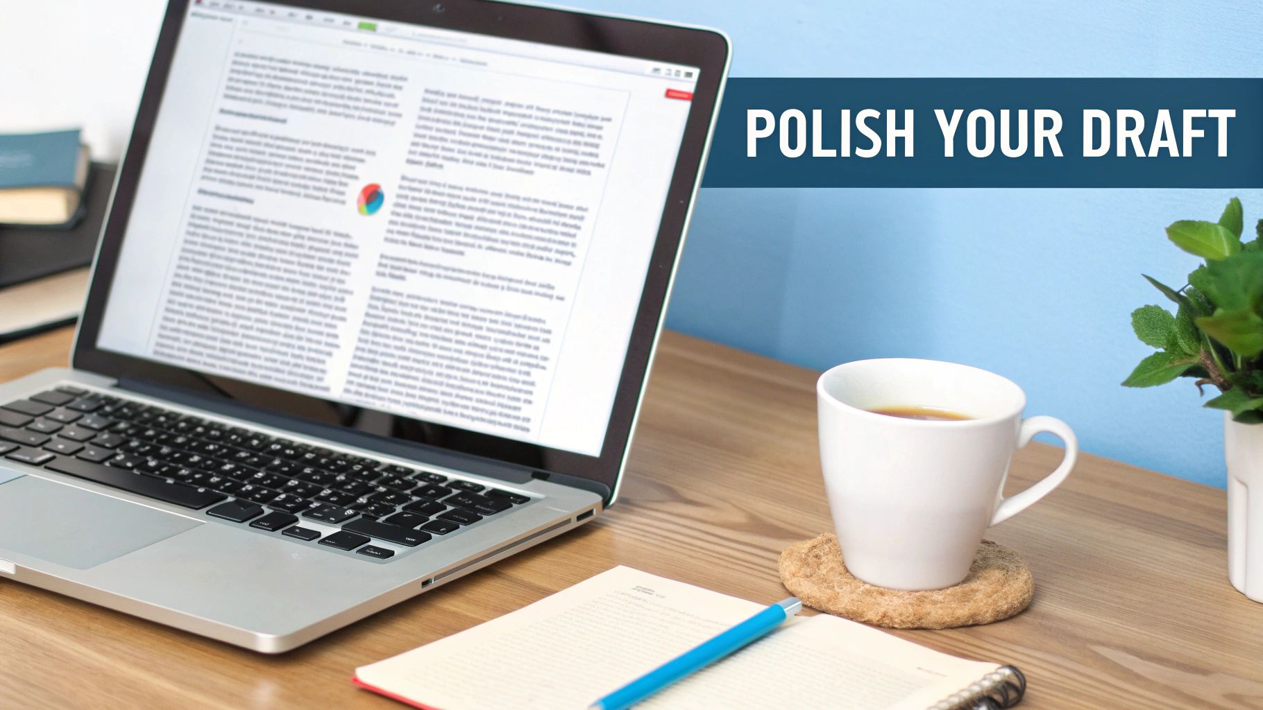 A person editing text on a laptop with a cup of coffee nearby, showing the final step in the process.