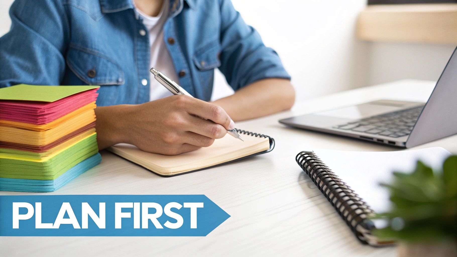 A person writes in a notebook on a desk with colorful papers and a laptop, with 'PLAN FIRST' text.