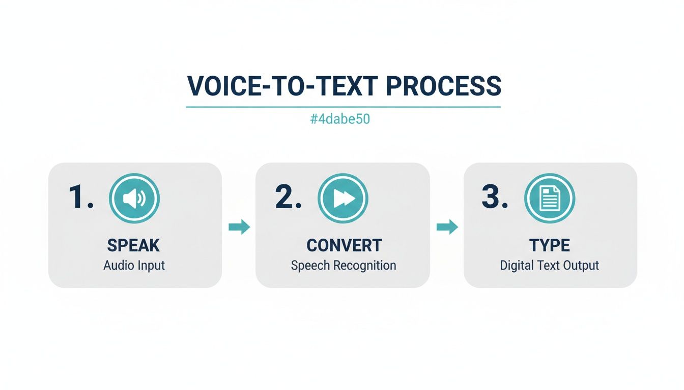 Diagram illustrating the three-step voice-to-text conversion process from speaking to digital output.